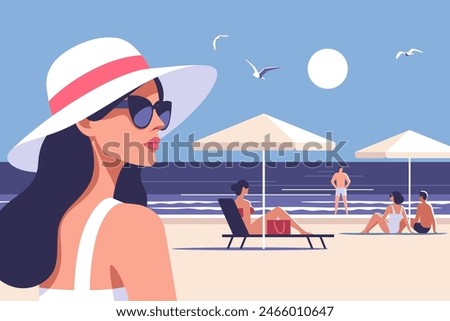 Summer time. Concept of summer party, vacation and travel. Woman in a hat and sunglasses on the beach, and people sunbathing on the background of the shore. Vector illustration in minimalistic style.