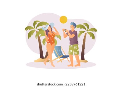 Sommerzeitkonzept mit Menschen-Szene im flachen Cartoon-Stil. Guy fotografiert ein Mädchen am sonnigen Strand in der Nähe von Meer und Palmen. Vektorgrafik.