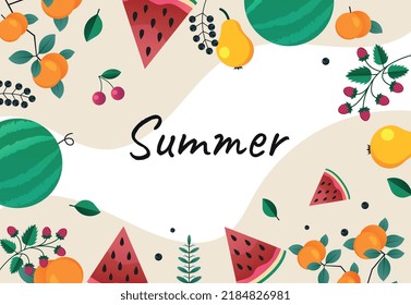 Summer time concept. Poster or banner for website with fruits. Place for text and presentation. Pieces of watermelon, strawberries and other berries. Hot season. Cartoon flat vector illustration