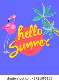Sommerzeitkonzept für Poster, T-Shirt, Banner mit rosafarbenem Flamingo, warmer Sonne, Handflächen und Hallo Sommerschrift