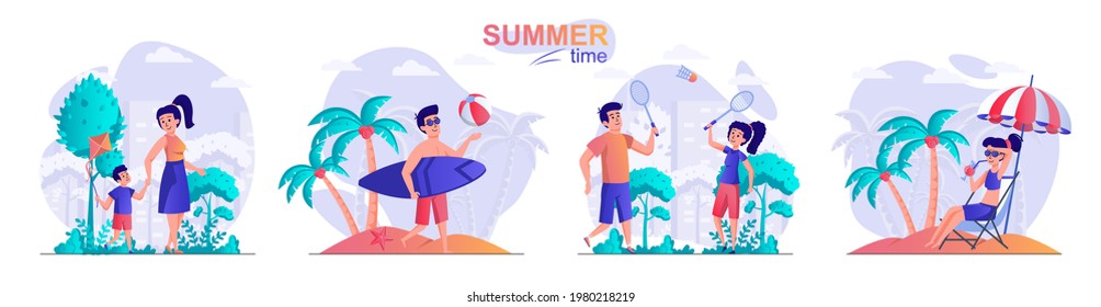 Summer time concept scenes set. Mom walking with son, man surfing, woman resting on beach, couple playing tennis. Collection of people activities. Vector illustration of characters in flat design