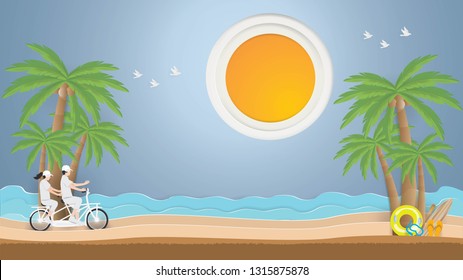 Summer time concept with two lover riding bicycle on long the beach and surfboard,Sandals,Life ring, Snorkel and Paddle under the coconut trees in spring season.vector and illustration paper style