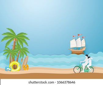 Summer time concept with two lovers riding green bicycle on long the beach and surfboard,Sandals,Life ring,Snorkel and Paddle under the coconut tree and Barque on the blue sea ,vector and illustration