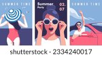 Summer time.  Concept of vacation, party and travel. Young woman in red swimsuit on the beach. Portrait of beautiful woman with sunglasses. Woman with arm up having in convertible car.