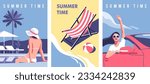 Summer time. Concept of vacation, party and travel. Beautiful girl in swimsuit relaxing by the pool. Sand beach with wooden chaise lounge. Woman with arm up having in convertible car. Vector.