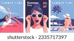 Summer time. Concept of vacation, party and travel. Beautiful girl in swimsuit relaxing by the pool. Portrait of beautiful woman with sunglasses. Woman with arm up having in convertible car. Vector.