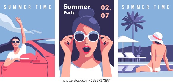 Hora de verano. Concepto de vacaciones, fiestas y viajes. Hermosa chica vestida con traje de baño y relajada junto a la piscina. Retrato de mujer hermosa con gafas de sol. Mujer con el brazo arriba en coche convertible. Vector.