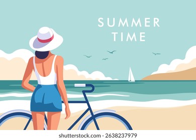 Summer time. Concept of summer vacation, weekend and travel. Young woman with a bicycle on the coast against the background of the sea with a sailboat and clouds on the horizon. Vector illustration.