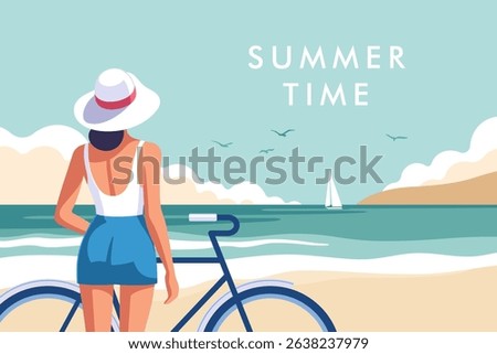 Summer time. Concept of summer vacation, weekend and travel. Young woman with a bicycle on the coast against the background of the sea with a sailboat and clouds on the horizon. Vector illustration.