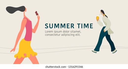 Summer time concept vector illustration. Man and woman walking in the street, eating ice cream and drinking coffee on the go. Modern flat graphic style 