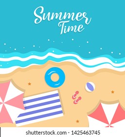 Summer Time concept vector illustration. Top view of beach. Template for poster, banner, card, flyer etc