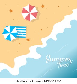 Summer Time concept vector illustration. Top view of beach. Template for poster, banner, card, flyer etc