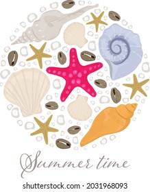 Summer time concept. Vector illustration of hand drawn seashells and stars arrangement in circle.