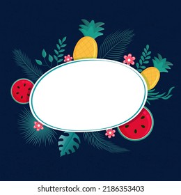 Summer time concept with watermelon slices, pineapples and fir leaves with oval sticker with space for your message.