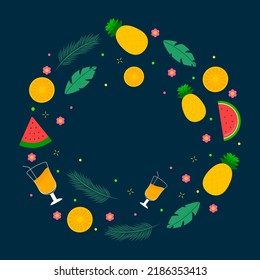 Summer time concept with watermelon slices, pineapples, cocktails and fir leave with space for your message.