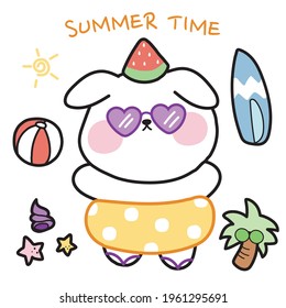 Summer time concept.Cute dog with swimming ring cartoon.Animal chracter design.Isolated.Image.Background.Sticker.Holiday.Relax.Kawaii.Vector.Illustration