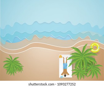 Summer time concept,Top view from above on the beach with Man Sunbathe under the coconut trees,vector and illustration.
