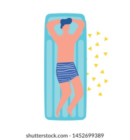 summer time with cool man in bath shorts on float vector illustration