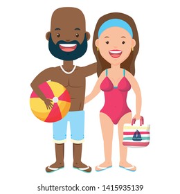 summer time couple with ball and handbag vector illustration