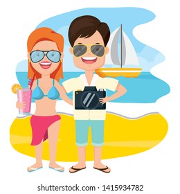 summer time couple with camera beach vector illustration