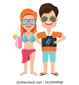 summer time couple with camera and cocktail vector illustration