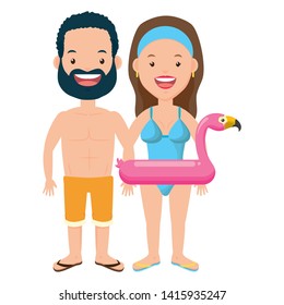 summer time couple with flamingo float vector illustration