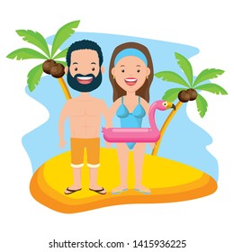 summer time couple with flamingo float beach vector illustration