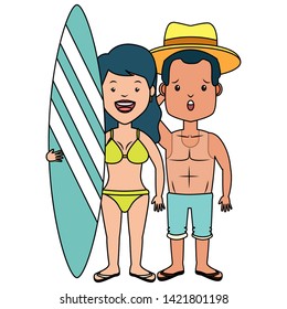 summer time couple with surf board vector illustration