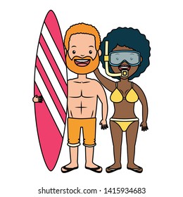 summer time couple with surfboard and mask snorkel vector illustration