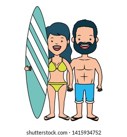 summer time couple with surfboard vector illustration