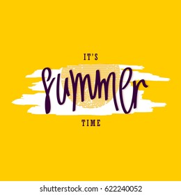 It's Summer Time. Creative paintbrush smear and handwritten lettering. Vector design elements.
