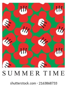 Summer Time. Cute Abstract Floral Vector Illustration with Red Hand Drawn Flowers on a Green Blackground. Infantile Style Bright Colors Print ideal for Card, Poster, Wall Art, Decoration.