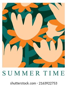 Summer Time. Cute Abstract Floral Vector Illustration with Sweet Hand Drawn Flowers on a Dark Green Blackground. Infantile Style Print with Funny Water Lilies ideal for Card, Poster, Wall Art.