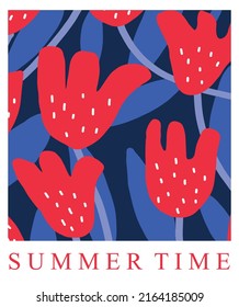 Summer Time. Cute Abstract Floral Vector Illustration with Sweet Hand Drawn Flowers on a Dark Blue Blackground. Infantile Style Print with Funny Red Tulips ideal for Card, Poster, Wall Art.