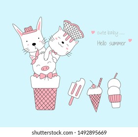 Summer time with cute animal happy. Cartoon sketch animal style