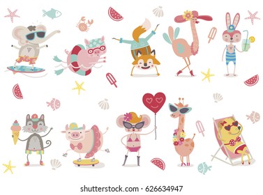 It's Summer time. Cute animals on the beach and sea.
