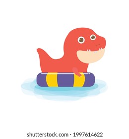 Summer time of Cute Dinosaur baby in swimming nd rubber ring in the sea. Dino cartoon floating on inflatable in the ocean isolated on white background vector illustration