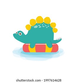 Summer time of Cute Dinosaur baby in swimming nd rubber ring in the sea. Dino cartoon floating on inflatable in the ocean isolated on white background vector illustration