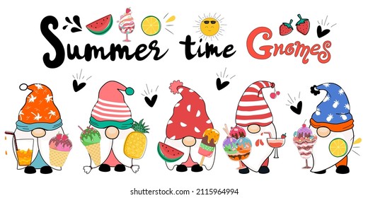 Sommerzeit mit süßen Gnomen Verschiedene Farben im Doodle-Stil. Kann an eine Vielzahl von Anwendungen angepasst werden, wie Karten, Aufkleber, T-Shirt-Designs, Kissen-Muster, Sommerdekorationen und mehr