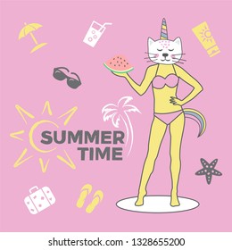 Summer Time. Cute illustration on pink background.
