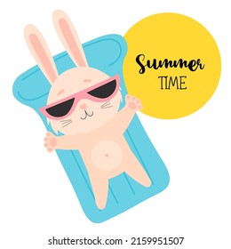 Summer time. Cute rabbit in sunglasses is resting on waterproof rubber mattress. Vector illustration. Summer funny hare character for design, print, cards, flyers and decor