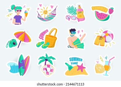 Summer time cute stickers set in flat cartoon design. Bundle of woman with ice cream, hammock, watermelon, umbrella, surfing, diving and other. Vector illustration for planner or organizer template