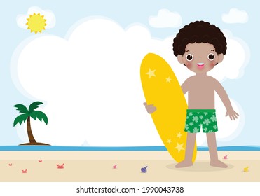 summer time and cute surfer African-american children character with surfboard on beach. Happy young surfer on the crest wave, flat vector illustration isolated on background