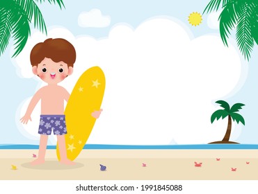 summer time and cute surfer asian children character with surfboard on beach. Happy young surfer on the crest wave, flat vector illustration isolated on background