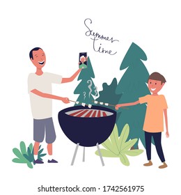 Summer Time. Dad's Day. Dad And Son Cook Grilled Marshmallows In The Garden By The Countryside. Video Conference Grandmother. Cartoon Illustration, Isolated On A White Background, Vector.