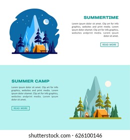 Summer time. Day and night landscape with yellow tent, campfire, forest and mountains on the background. Sport, camping, adventures in nature, vacation, and tourism vector banner.