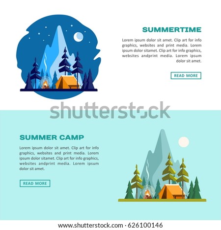 Summer time. Day and night landscape with yellow tent, campfire, forest and mountains on the background. Sport, camping, adventures in nature, vacation, and tourism vector banner.