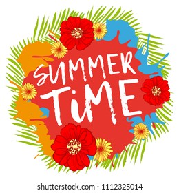 Summer time design banner, palm leaves, flowers, vector illustration