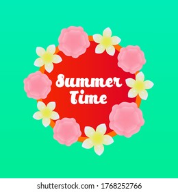 Summer time design with flower frame and green background - Vector Illustration