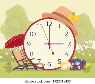 Summer time design, giant round clocks symbol. Perfect picnic weather, bright pleasant warm holiday day with resort accessories, vacation Vector flat style cartoon illustration, green lawn scenery